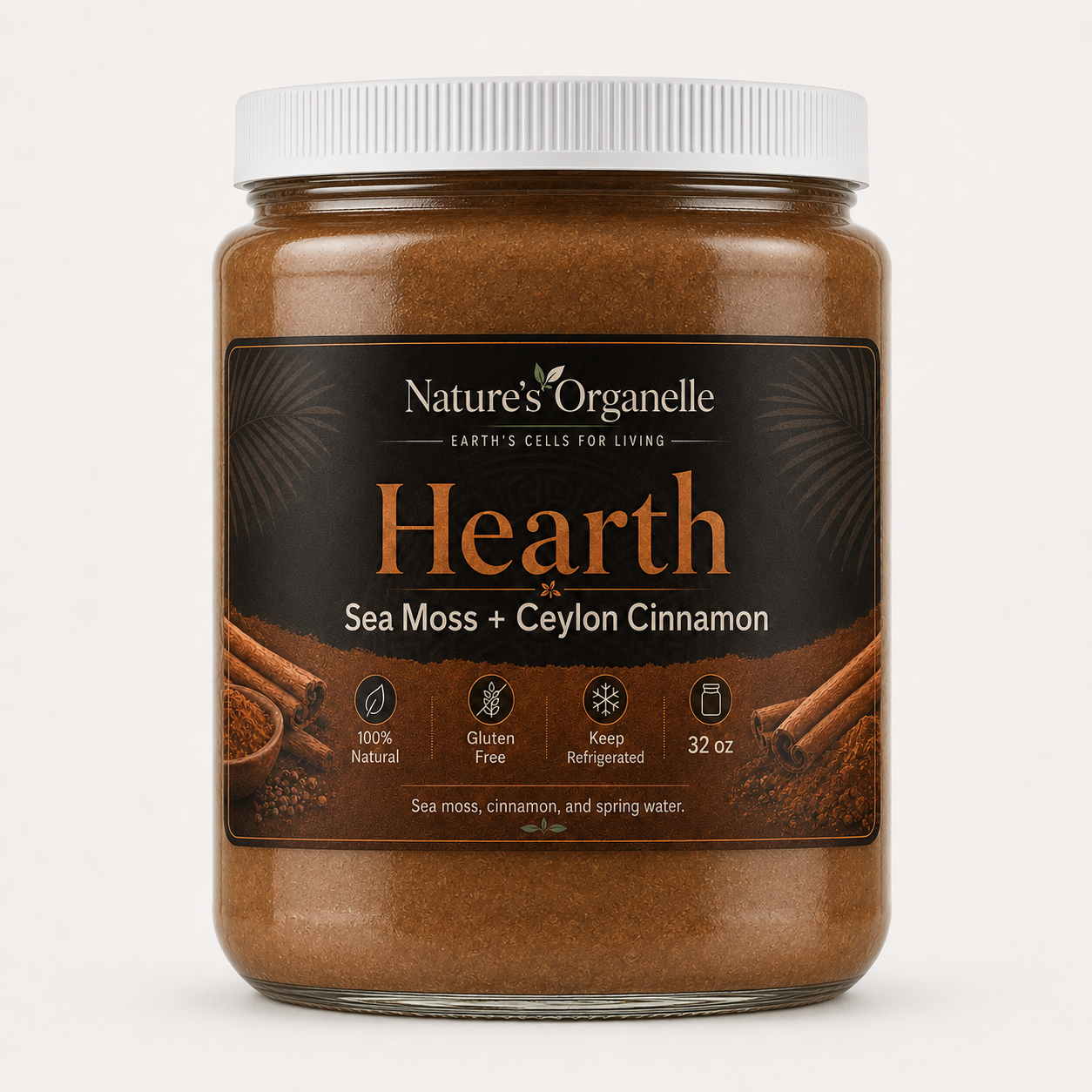 Hearth Sea Moss with Ceylon Cinnamon 16oz wide mouth jar mockup